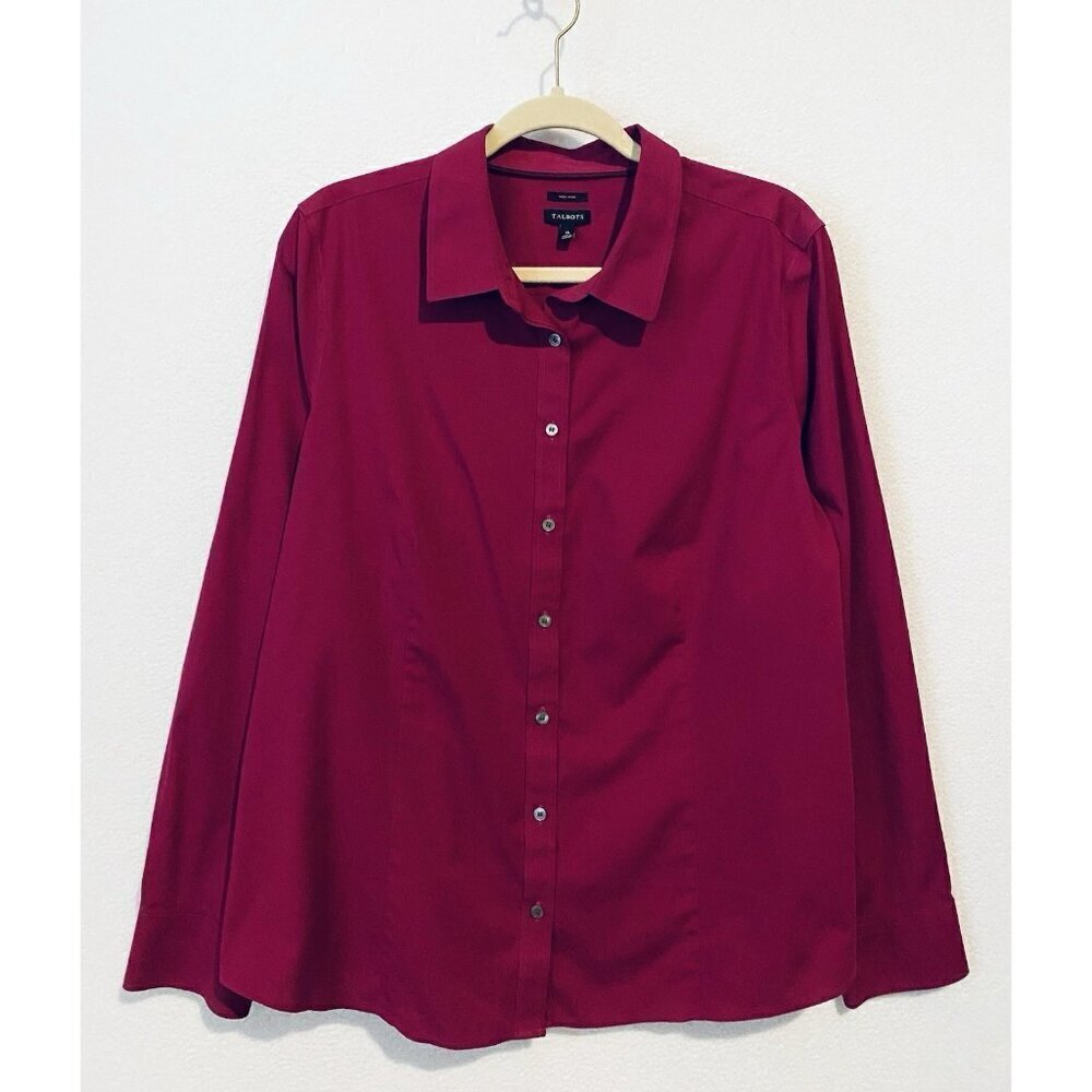 Talbots Top Womens 16 Fuchsia Pink Non Iron Button Up Long Sleeve Cotton Work